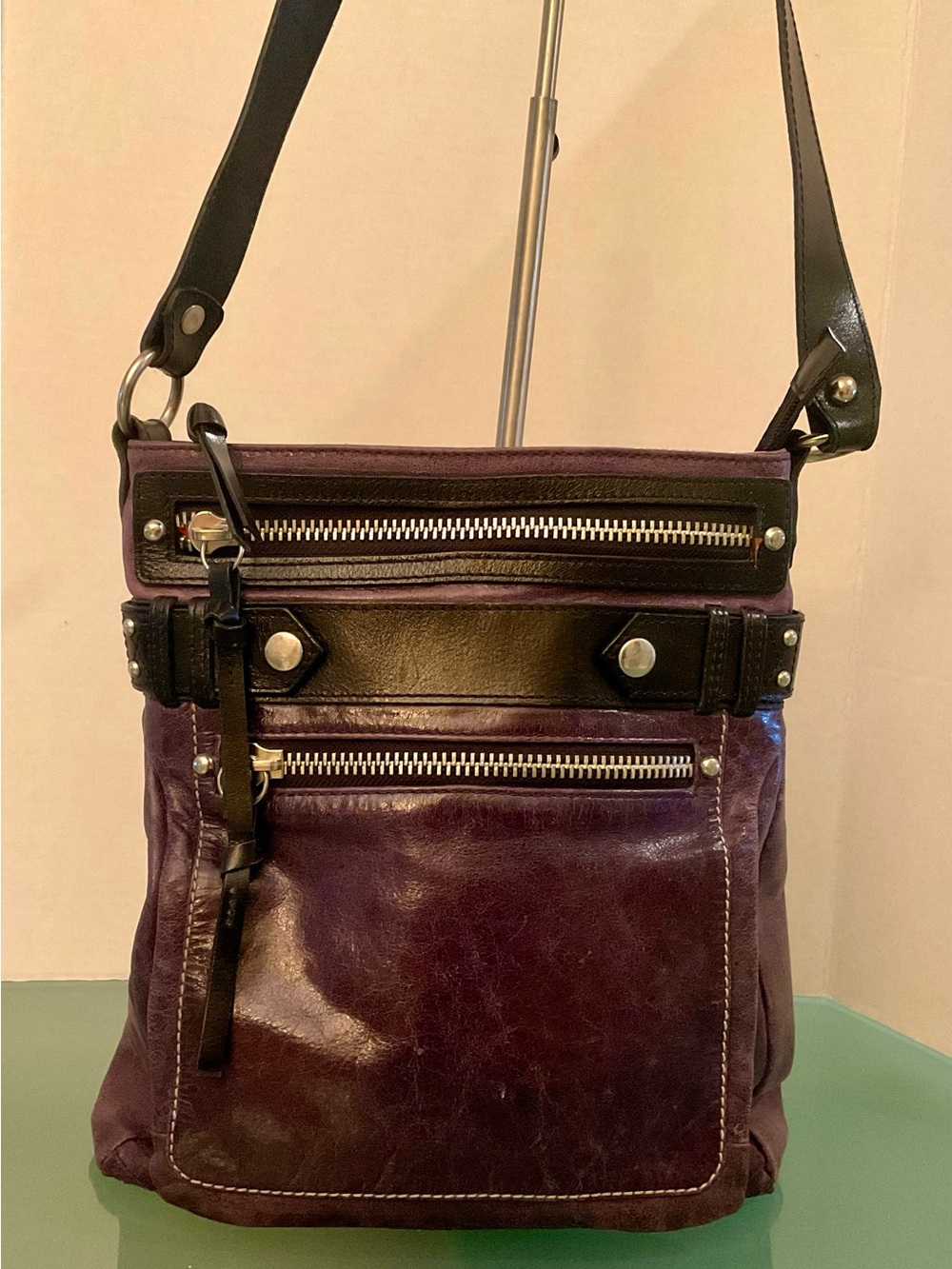 TANO POLISHED PURPLE LEATHER CROSSBODY WITH BLACK TRIM JOINTED CROSSBODY STRAP - Picture 10 of 15